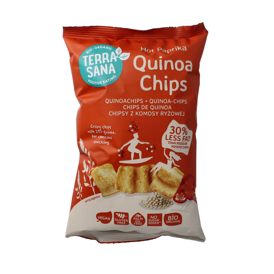 TerraSana Quinoa Chips Hot Paprika bio 75g, crispy natural chips with spicy paprika flavor, in a clear package.