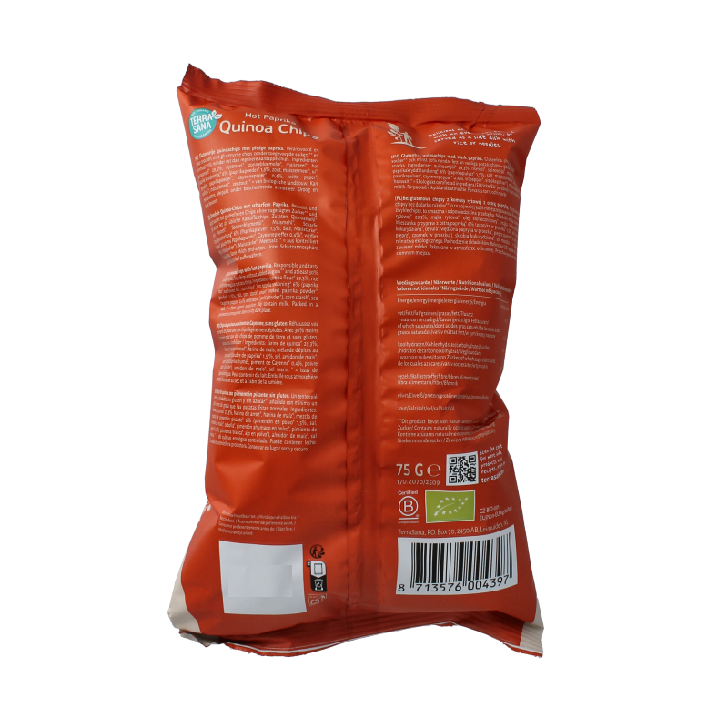 TerraSana Quinoa Chips Hot Paprika bio in 75g bag, showing crunchy chips with hot paprika flavor and vibrant red seasoning.