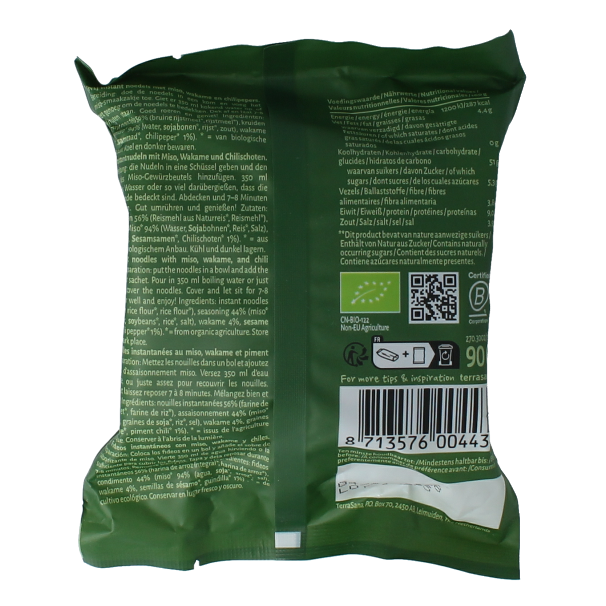 TerraSana Inst noodles wakame chili BIO, rice and pasta blend in a 90g package, featuring vibrant noodles with wakame and chili flakes.