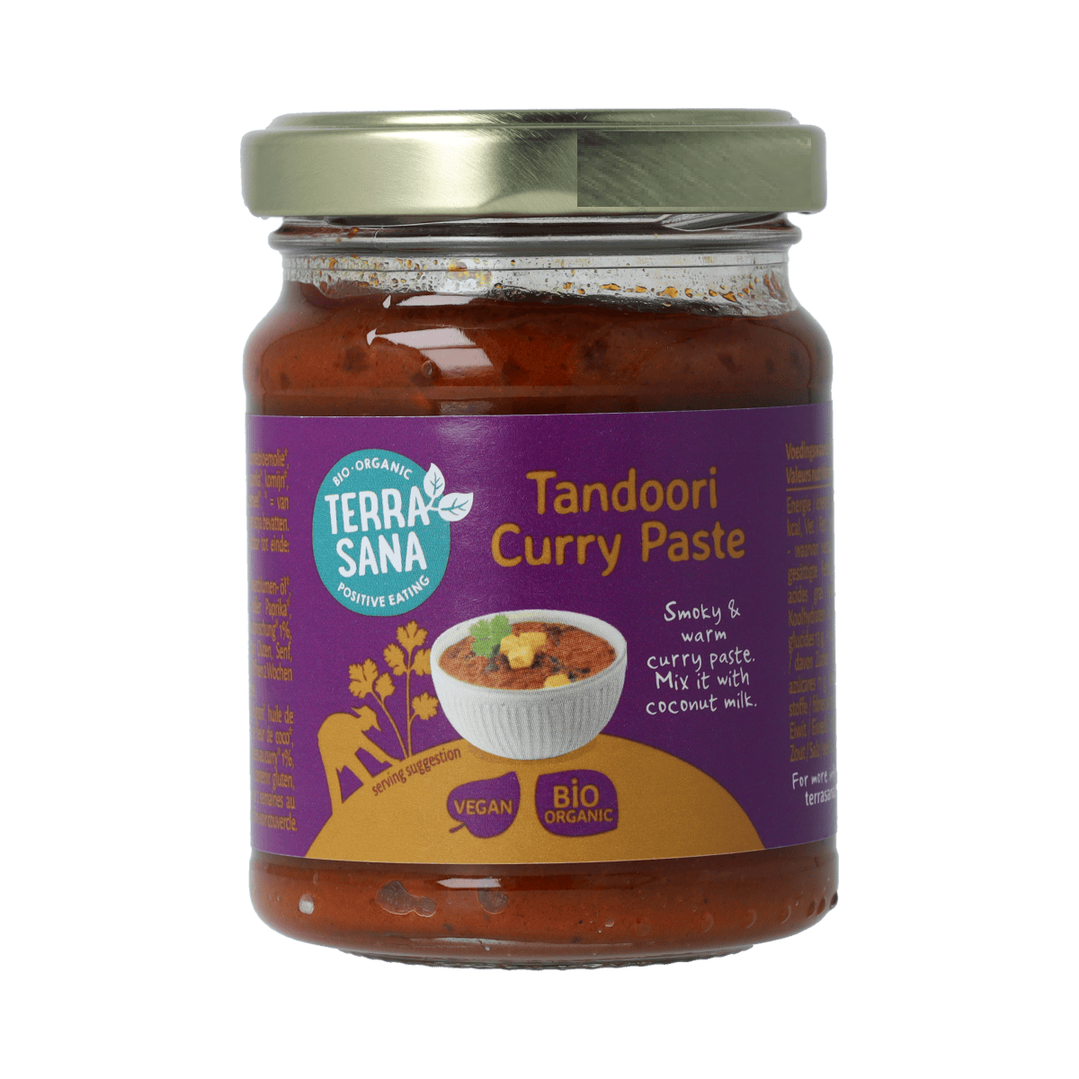 Organic TerraSana Indiase Tandoori Curry Paste in a 130g jar, showing the colorful, spicy paste in a glass jar.