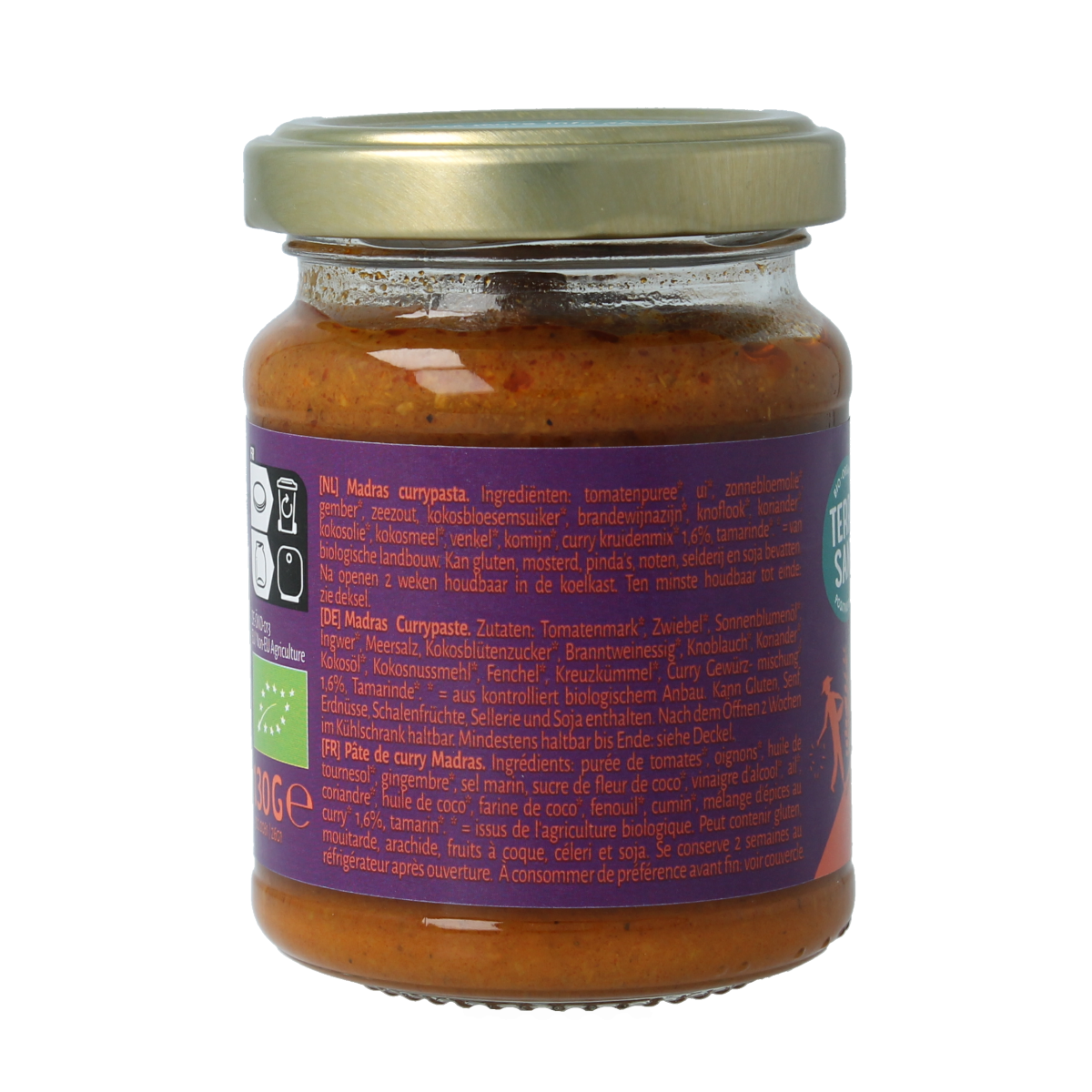TerraSana Indiase Madras Curry Paste in 130g jar, herbal spice blend for authentic Indian cuisine, featuring turmeric and chili.