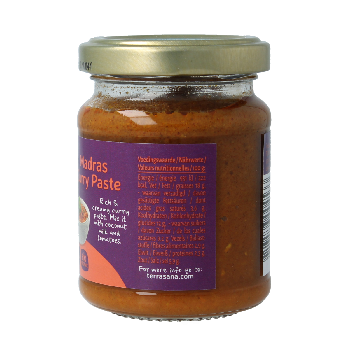 TerraSana Indiase madras currypasta 130g jar, featuring spices and ingredients for authentic Indian curry flavor.