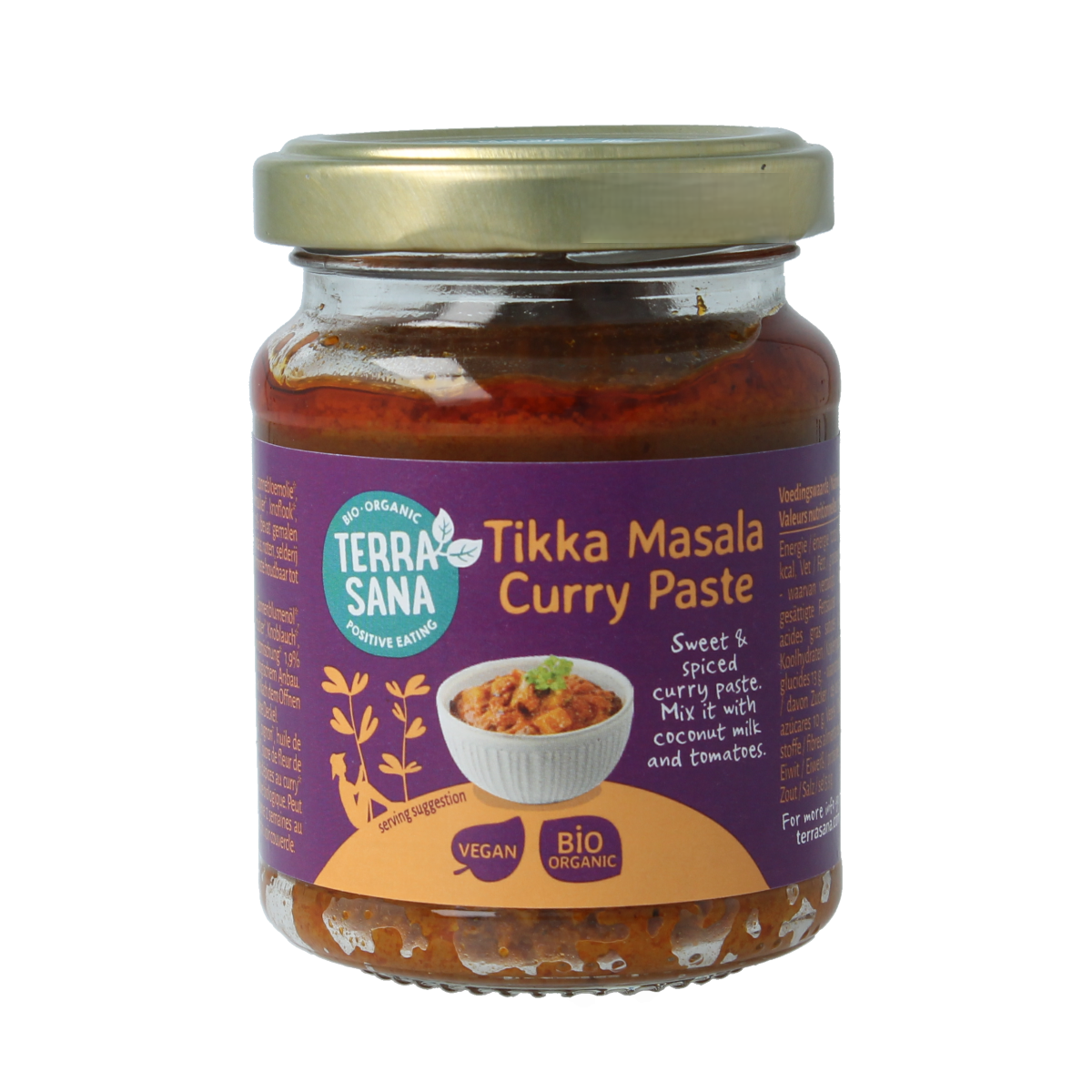 TerraSana Indiase tikka masala currypasta in 130g jar, showing the label and jar lid with product branding.