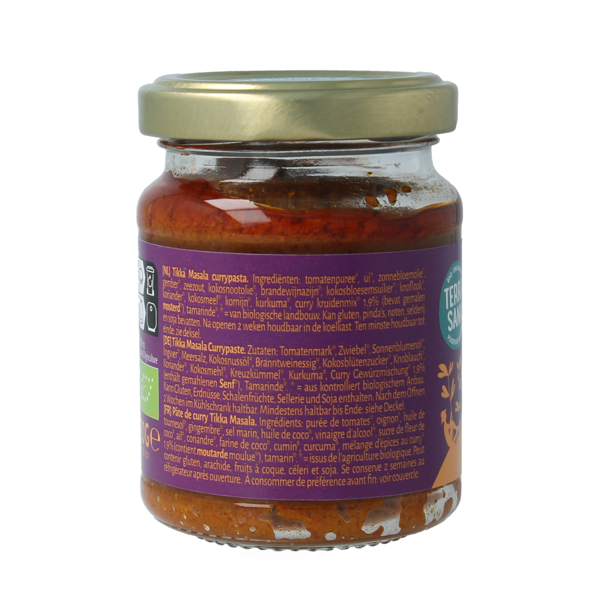 TerraSana Indian tikka masala curry paste in a 130g jar, featuring vibrant spices and ingredients for flavorful Indian cuisine.