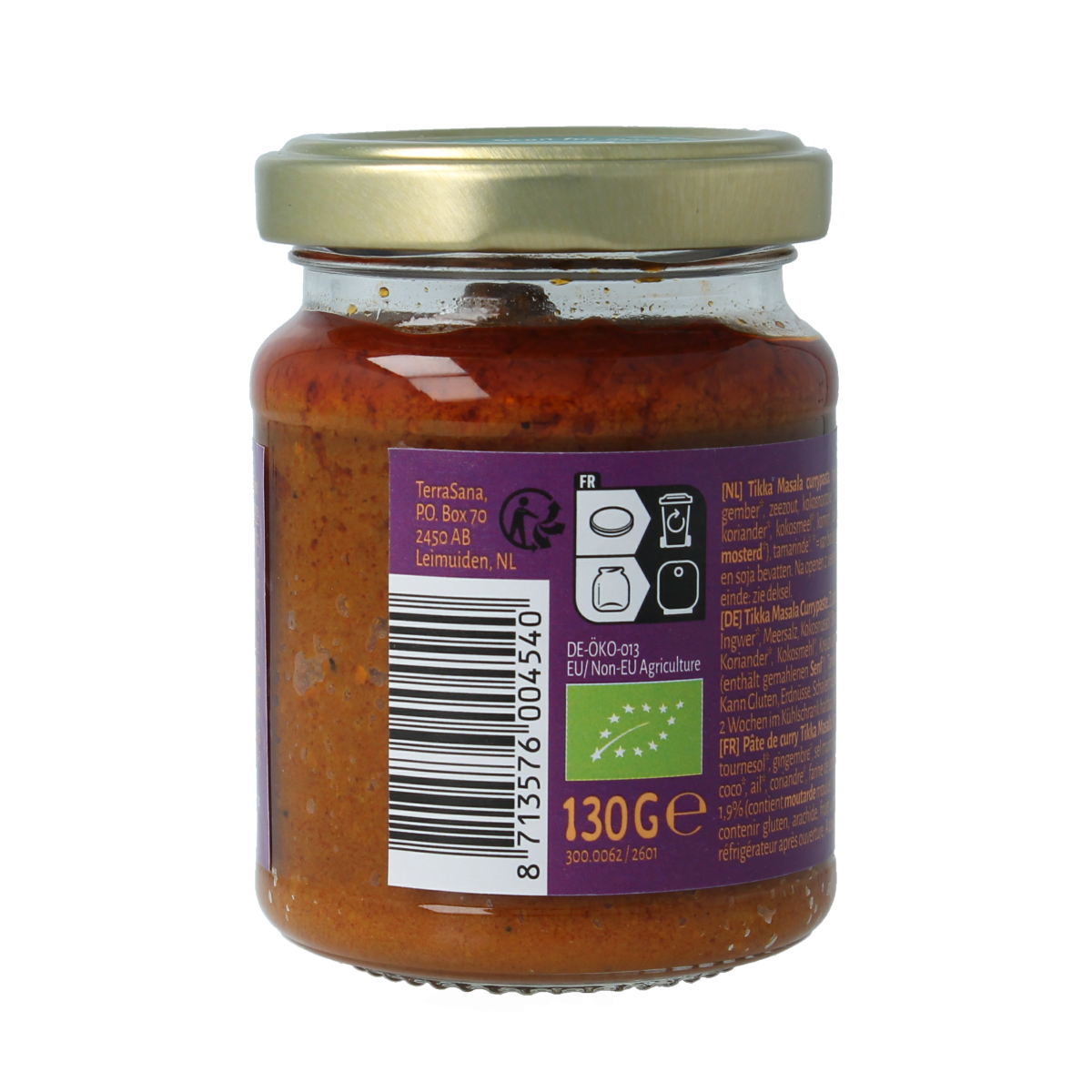 TerraSana Indiase tikka masala currypasta jar, 130g, with turmeric, spices, and herbs in a glass jar for cooking.