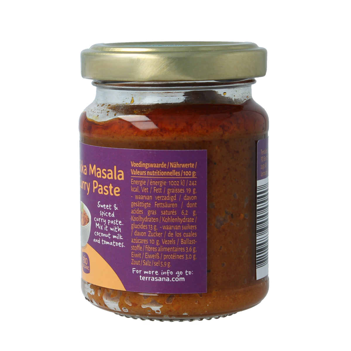 TerraSana Indiase tikka masala currypasta in 130g jar, showing the label and packaging of the sauce and flavoring product.