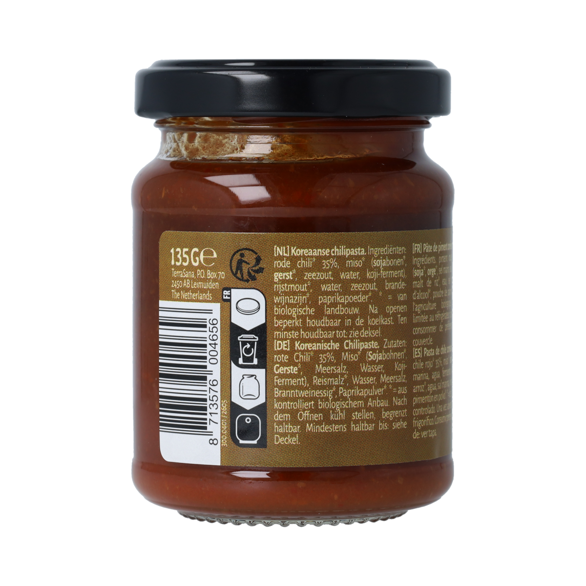 Organic TerraSana Gochujang pasta in 135g jar, showing the label and vibrant red chili paste inside.
