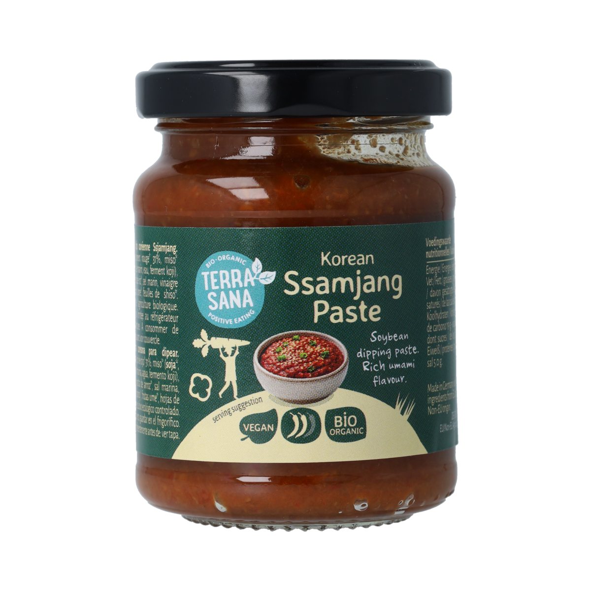 TerraSana Ssamjang bio dip in a 135g jar, showcasing the natural sauce with a close-up of the product label.