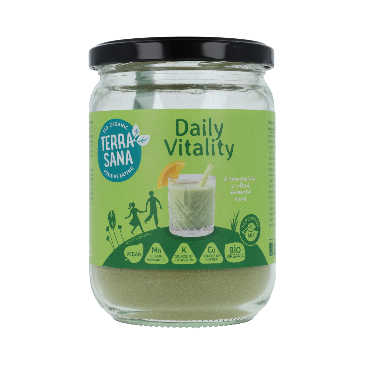 TerraSana Superfoodmix Daily Vitality bio, raw superfood blend in a 170g package, featuring colorful organic superfoods.