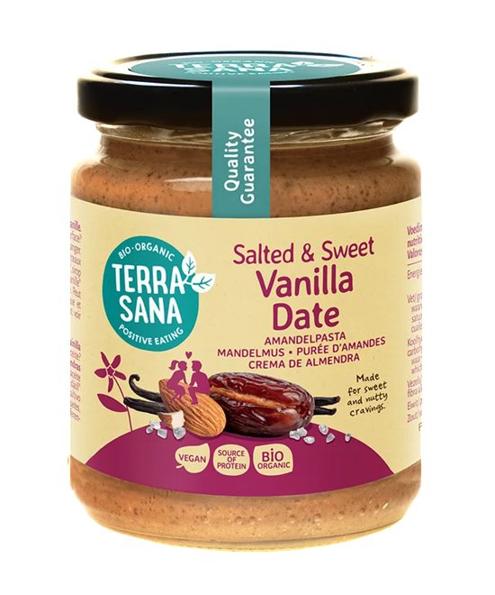 Salted and sweet vanilla date almond paste by TerraSana in 250g package, showing the jar with almond, vanilla, and date ingredients.