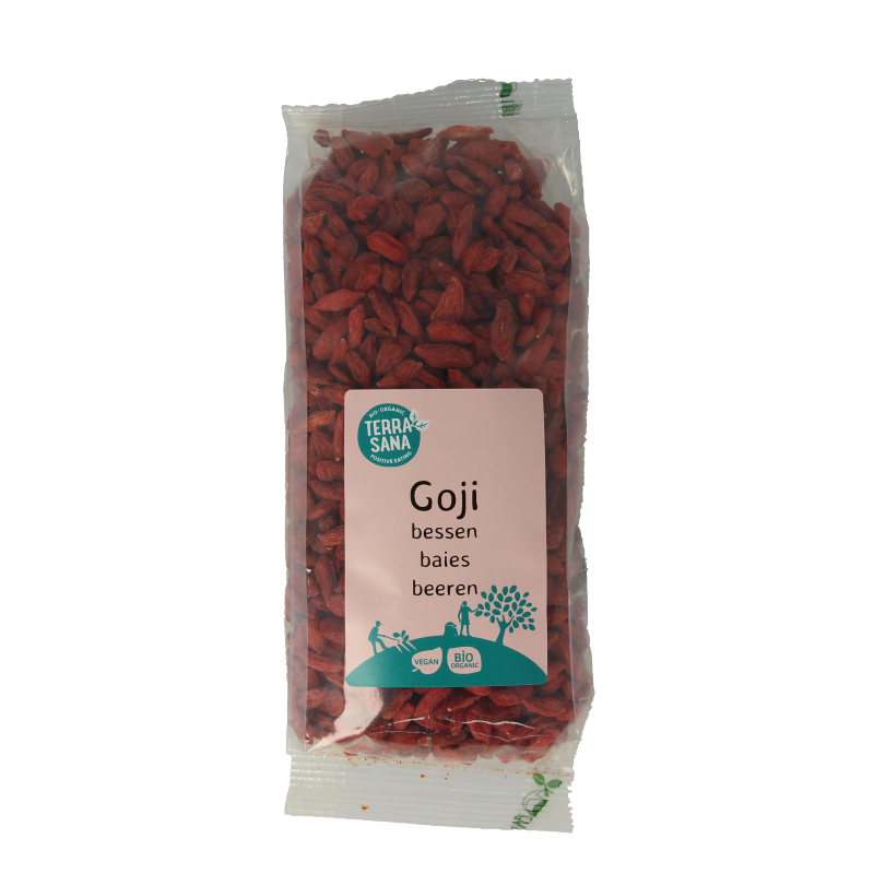 Organic TerraSana RAW Goji berries in a 225g package, showcasing bright red dried superfood berries on the front of the package.