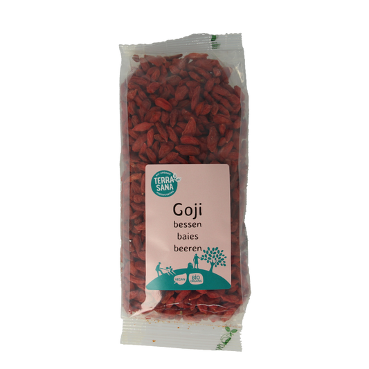 Organic TerraSana RAW Goji berries in a 225g package, showcasing bright red dried superfood berries on the front of the package.
