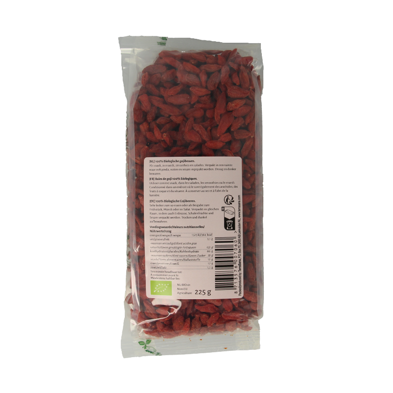 TerraSana RAW Goji bessen bio in 225g package, dried superfoods with vibrant red goji berries on a white background.