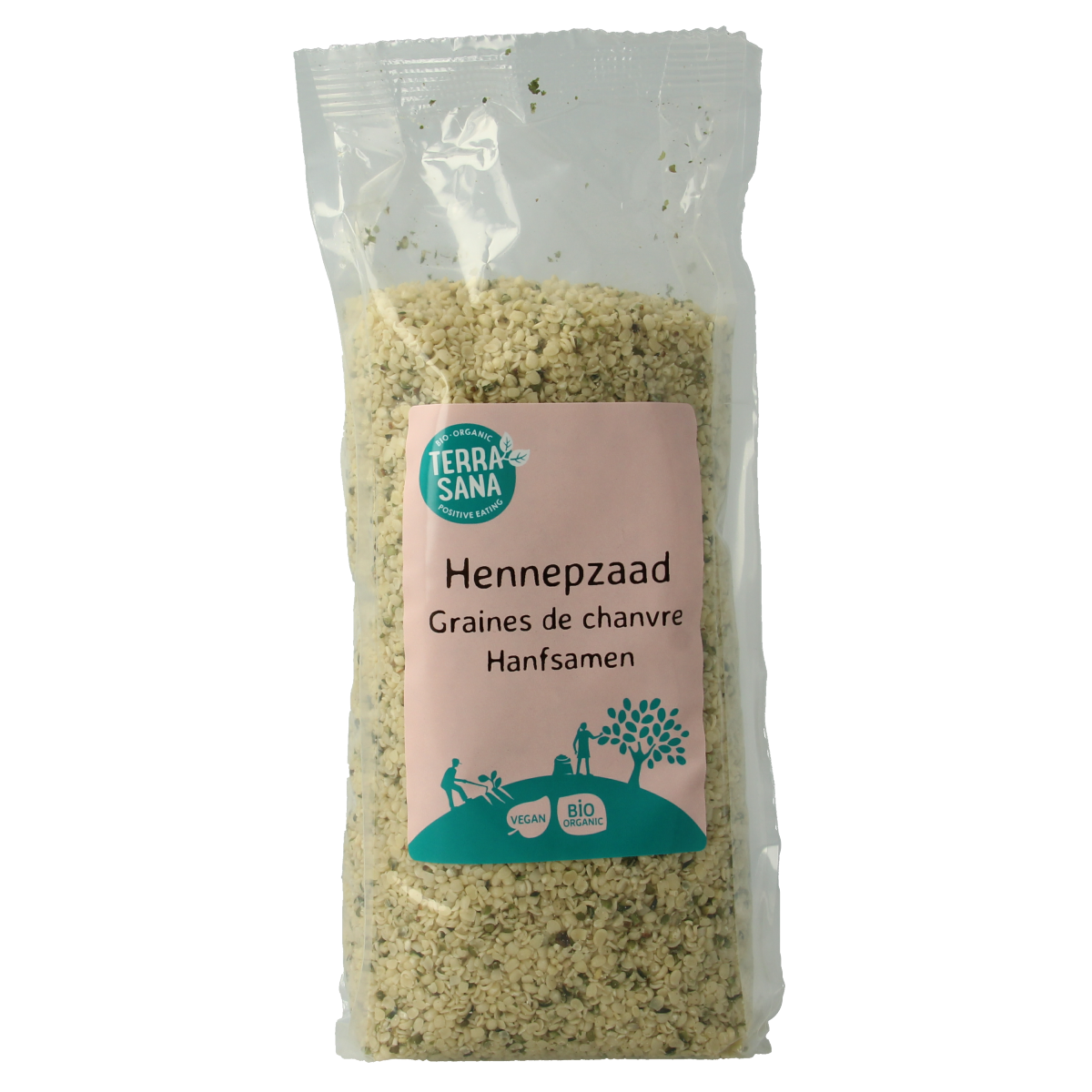 Raw bio hemp seeds by TerraSana in a 500g package, displayed in a clear container with some seeds spilled nearby.