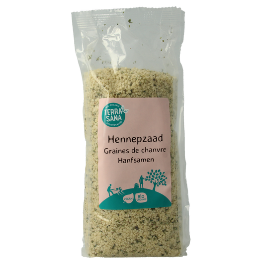 Raw bio hemp seeds by TerraSana in a 500g package, displayed in a clear container with some seeds spilled nearby.