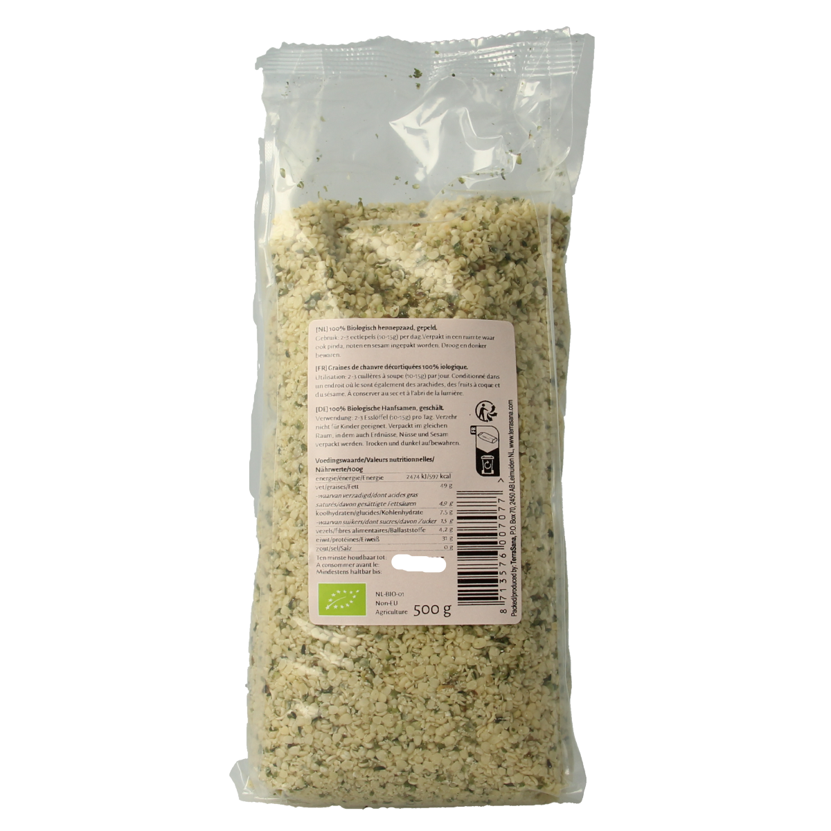 TerraSana RAW hemp seeds, hulled, organic superfood in a 500g package, shown in the product image.