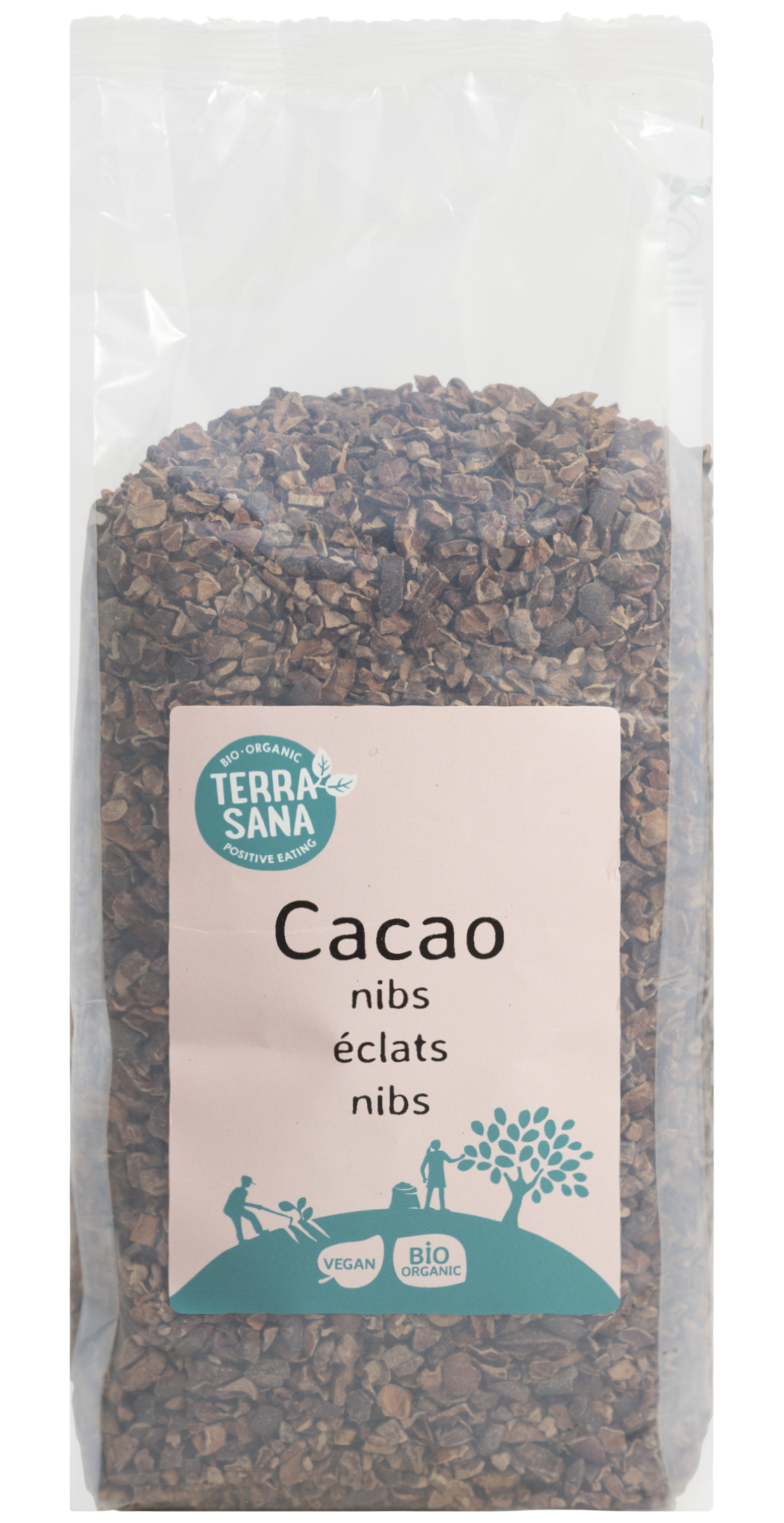 Terrasana organic raw cacao nibs in 500g package, close-up of raw superfood cacao pieces in a clear bowl.
