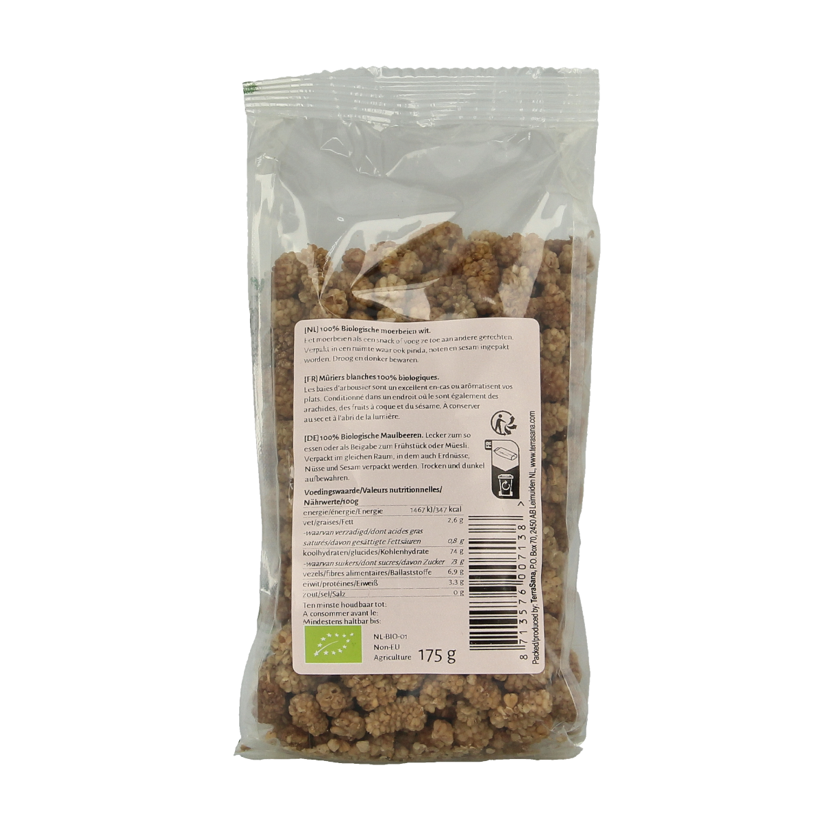 TerraSana RAW Moerbei bessen wit bio, 175g, organic white mulberries in resealable package, superfood health supplement