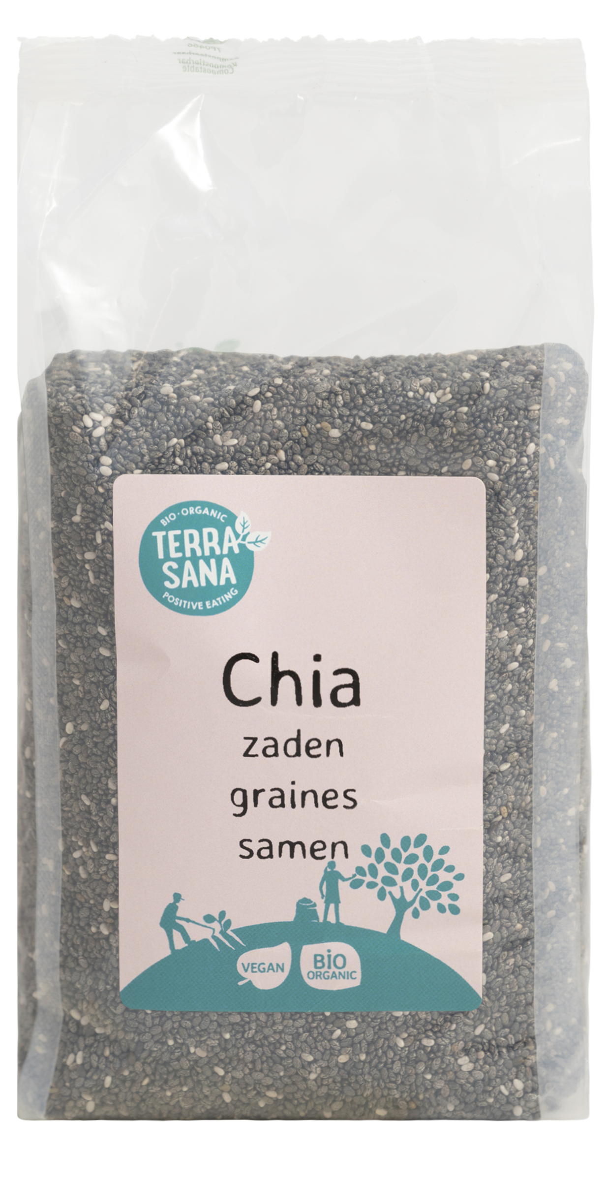 TerraSana RAW black chia seeds in a 300g package, raw superfood with organic ingredients, shown in a clear image.