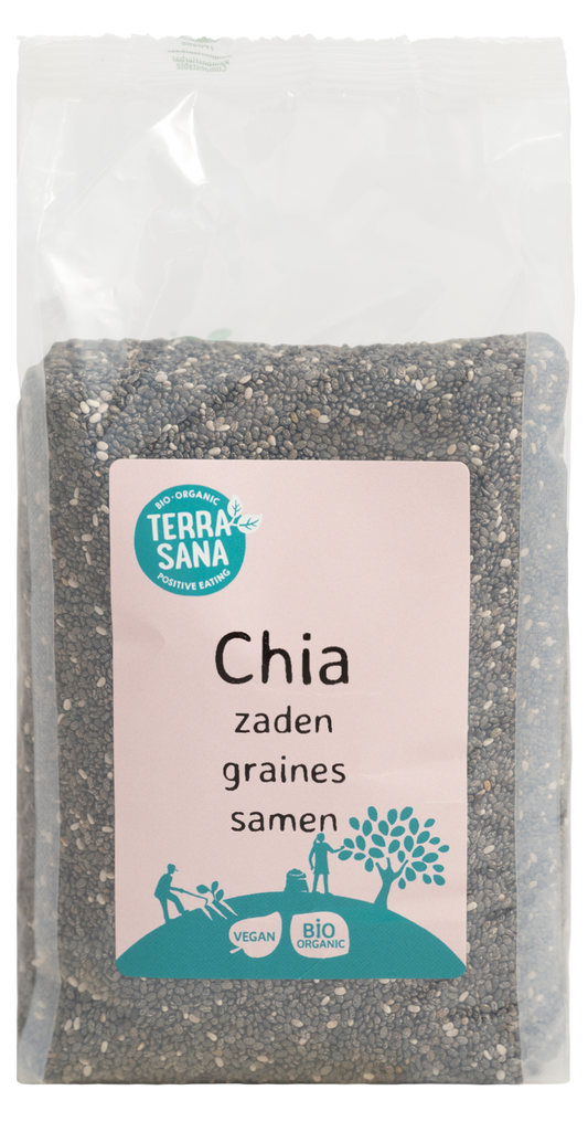 TerraSana RAW black chia seeds in a 300g package, raw superfood with organic ingredients, shown in a clear image.