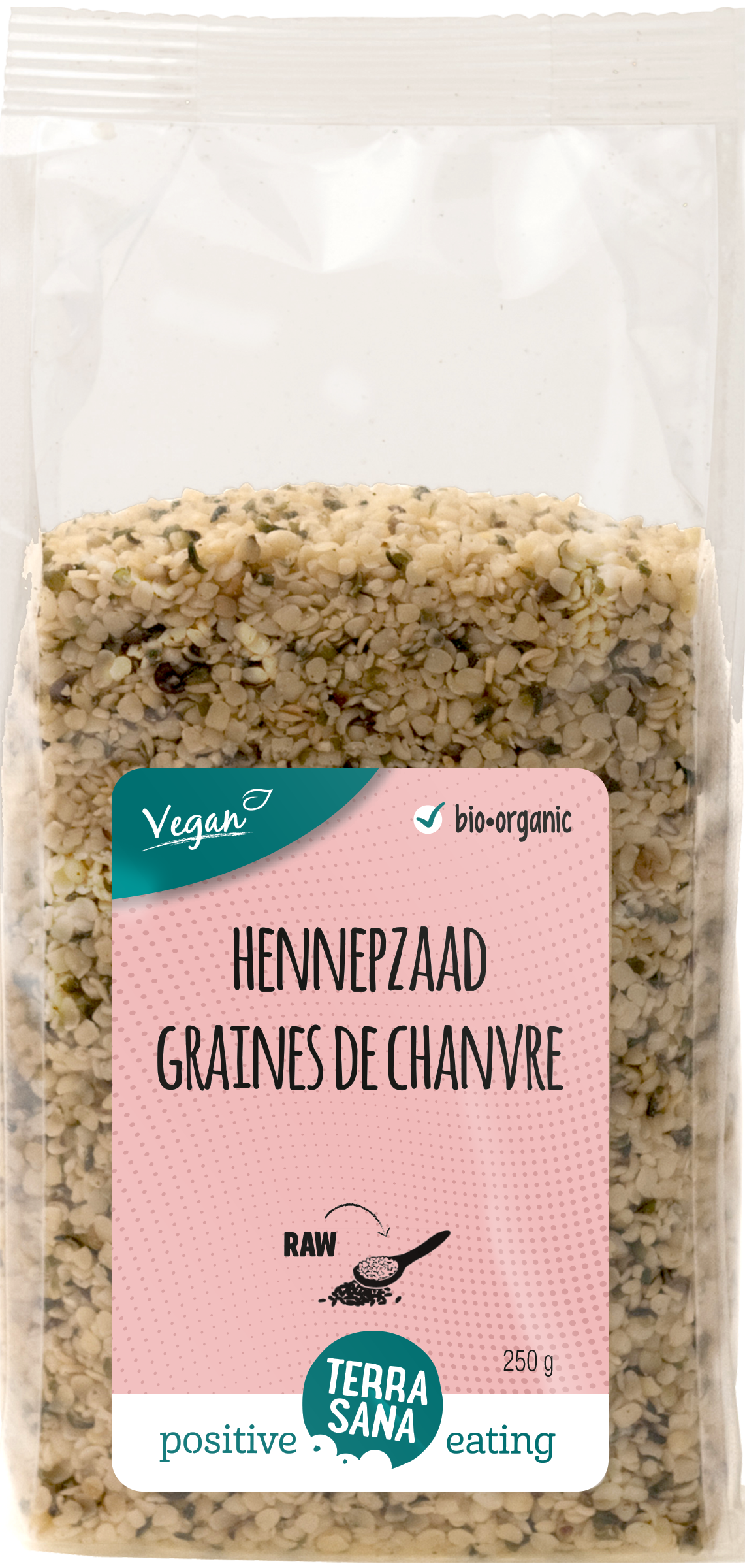 Raw hemp seeds from TerraSana in a 250g package, showcasing the shelled organic superfood hemp seeds.