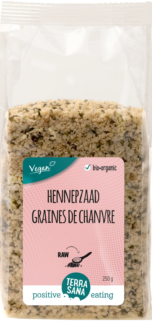 Raw hemp seeds from TerraSana in a 250g package, showcasing the shelled organic superfood hemp seeds.