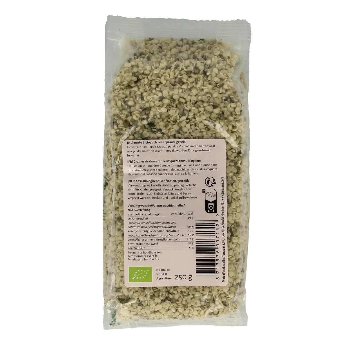 Organic TerraSana Raw Hennepzaad gepeld hemp seeds in a 250g package, shown in clear detail on a white background.