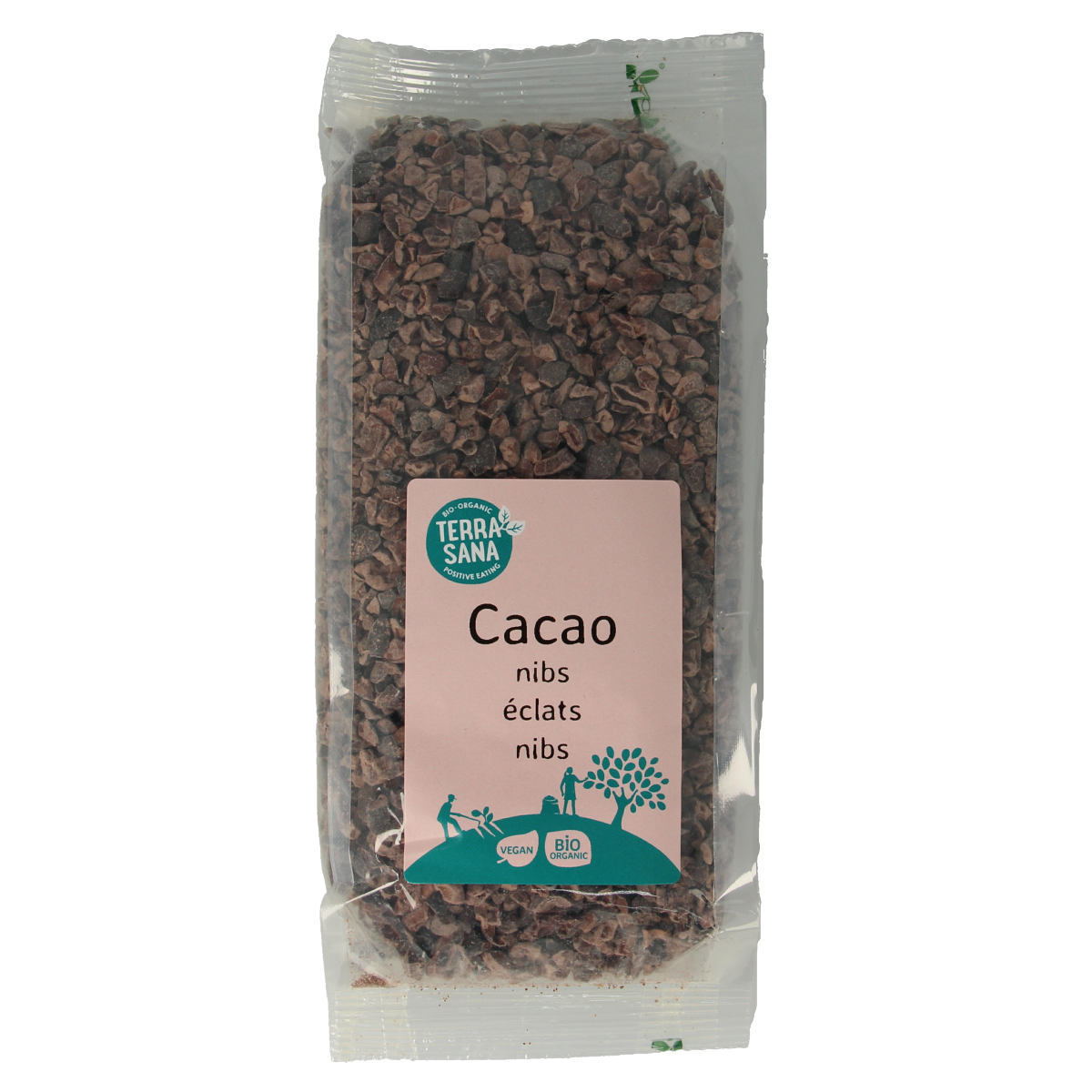 Organic TerraSana Raw Cacao Nibs in 250g package, showing dark cacao pieces and natural raw superfood ingredients.