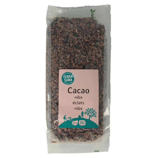 Organic TerraSana Raw Cacao Nibs in 250g package, showing dark cacao pieces and natural raw superfood ingredients.