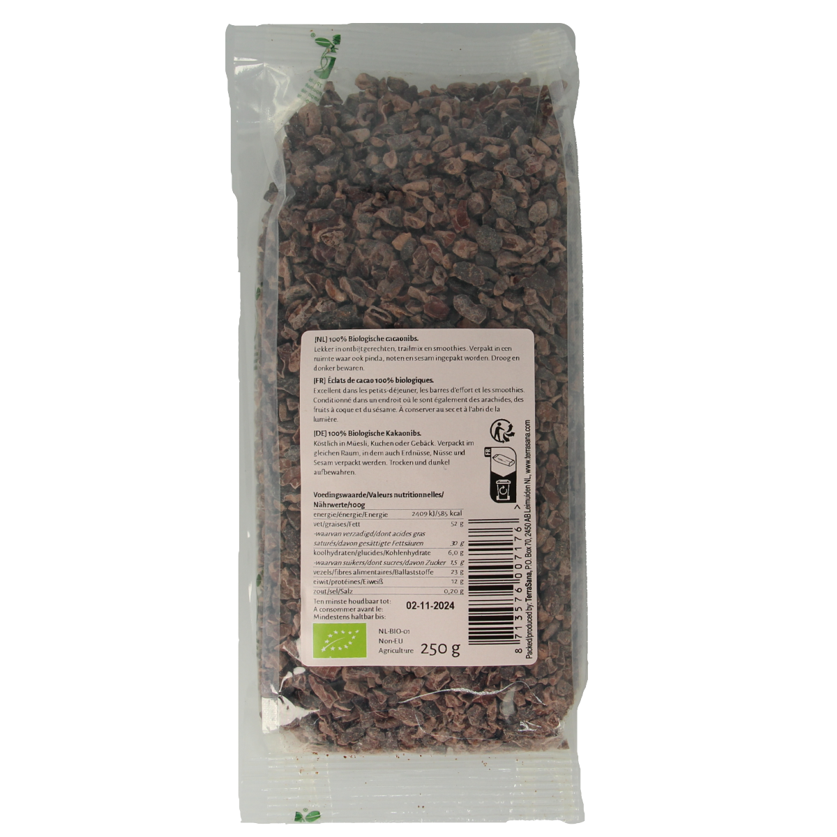 Organic TerraSana raw cacao nibs in a 250g package, shown in a clear image, highlighting their raw superfood quality.