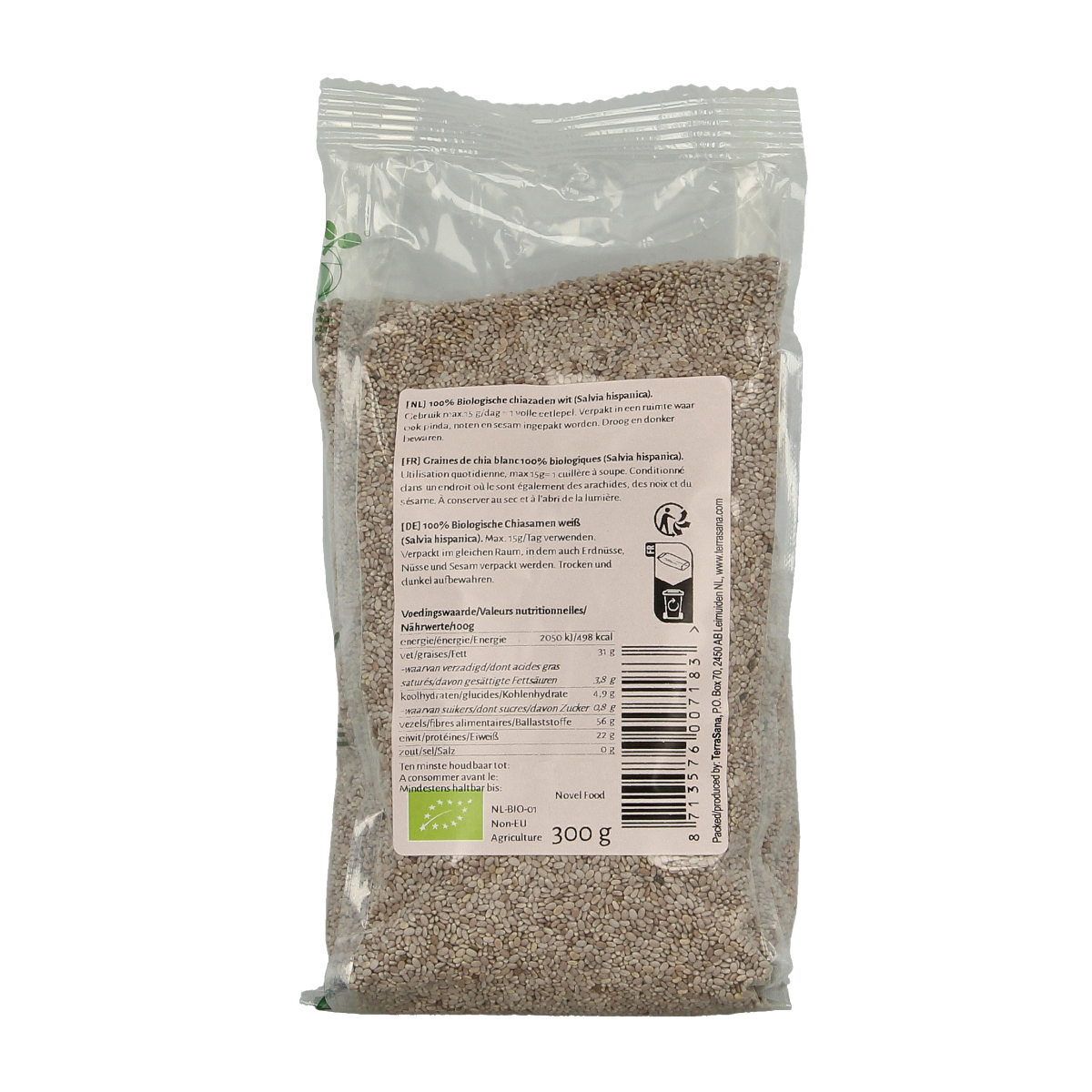 White organic TerraSana RAW Chia seeds in a 300g package, showcasing the raw superfood chia seeds with a focus on the product packaging.