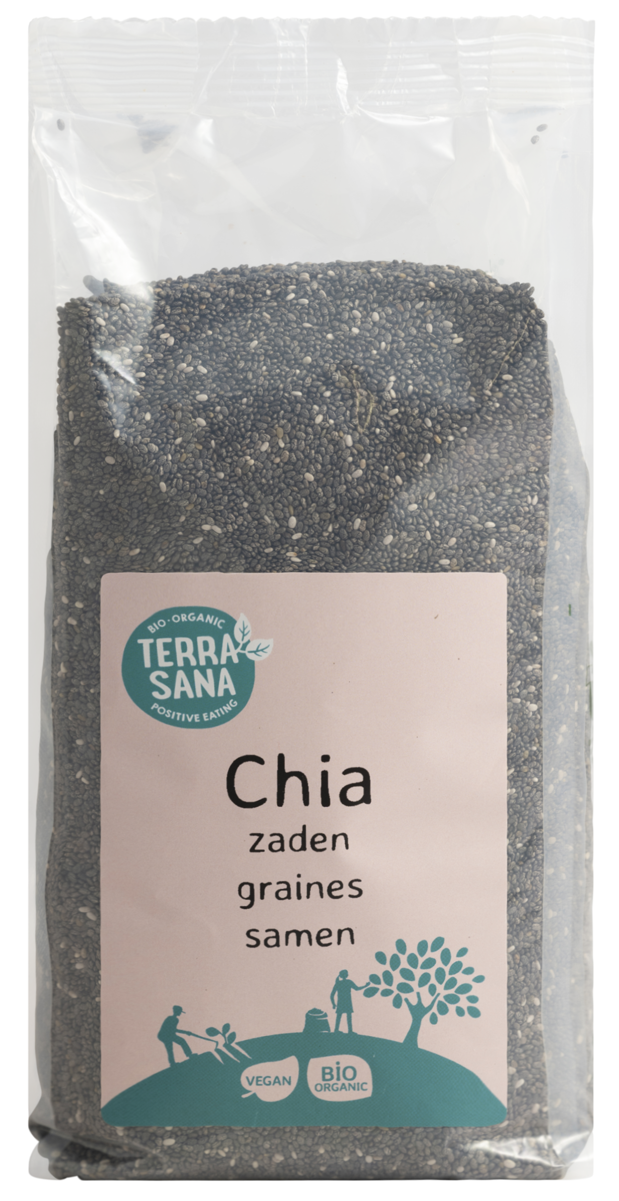 TerraSana RAW zwarte chiazaad bio in 600 gram resealable bag, close-up of black chia seeds for superfood use