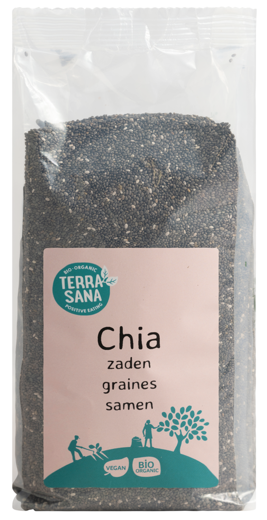 TerraSana RAW zwarte chiazaad bio in 600 gram resealable bag, close-up of black chia seeds for superfood use