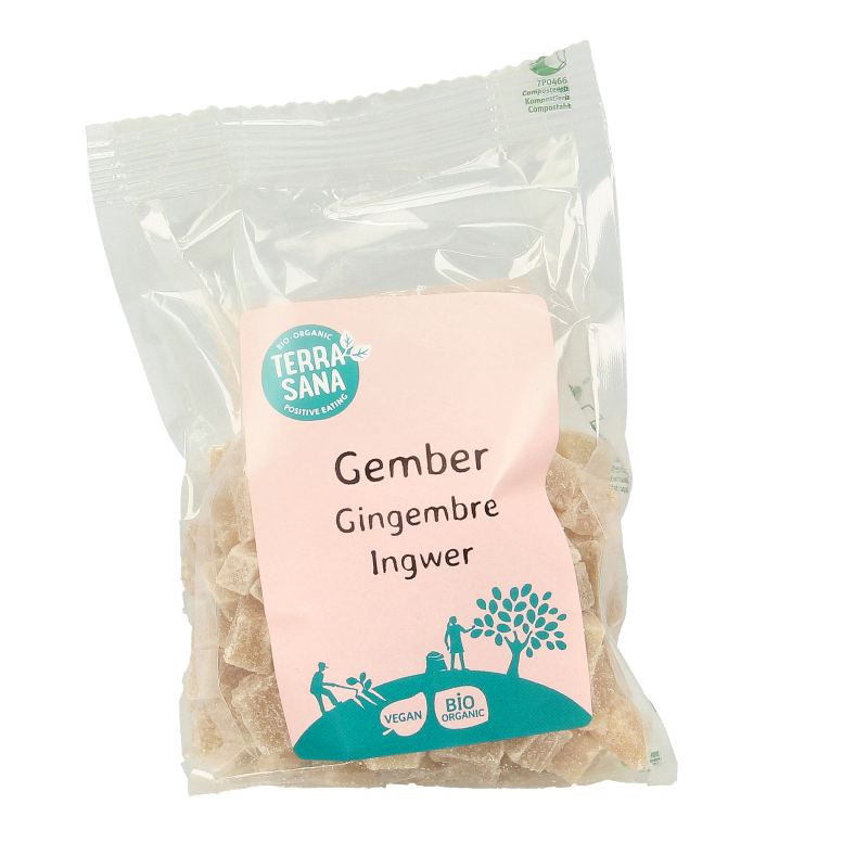 Organic TerraSana stem ginger in 150g packaging, showcasing fresh, sliced ginger pieces suitable for cooking and baking.