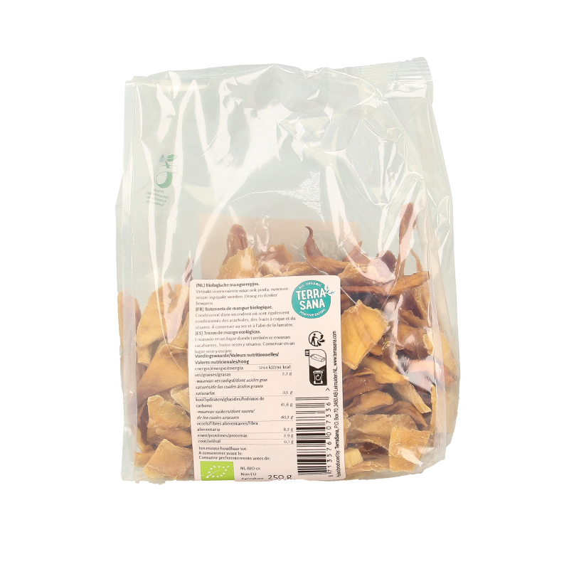 Organic TerraSana Mangoreepjes in a 250g package, fresh green mangoreepjes from a vegetable product.