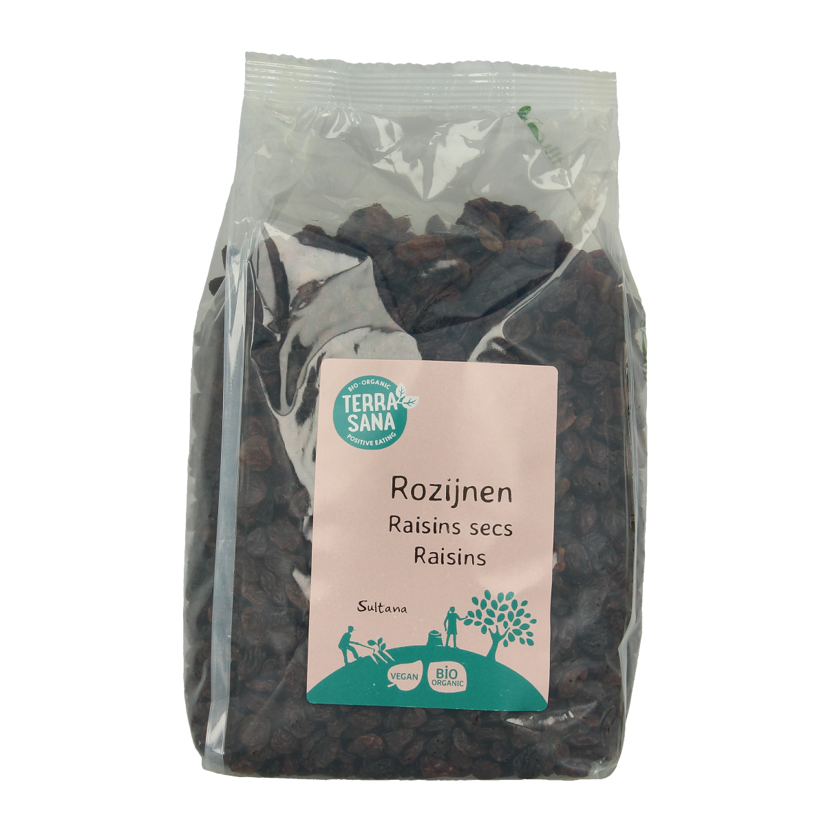 Organic TerraSana RAW Sultana Raisins in a 1kg package, showcasing plump, golden dried sultanas in a clear view.