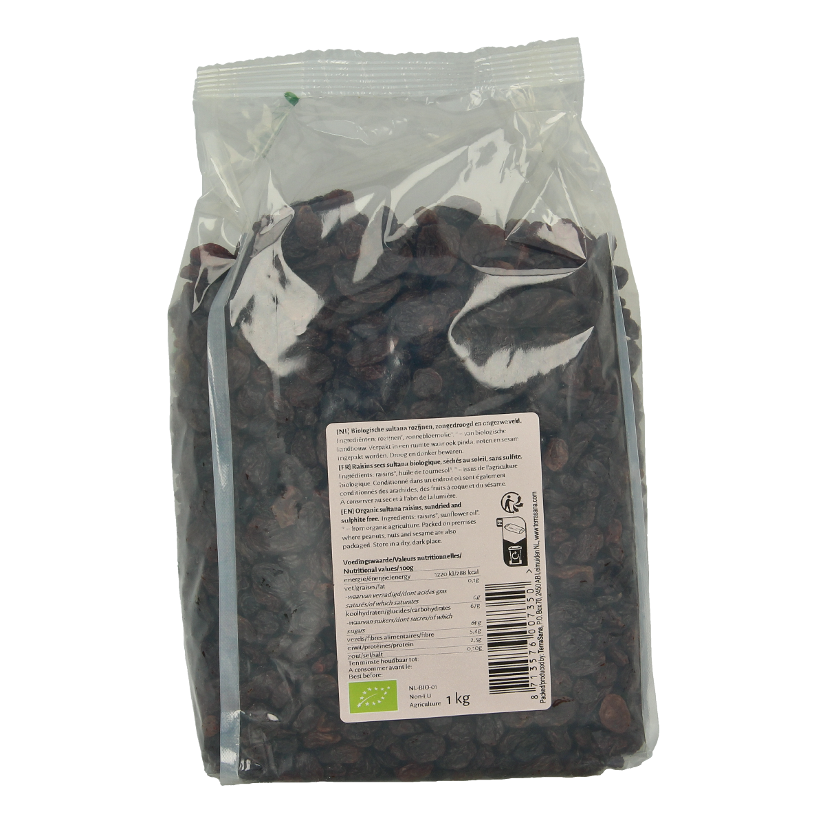 Organic TerraSana RAW Sultana raisins in a 1kg package, showcasing plump, golden dried sultanas for healthy snacking and baking.