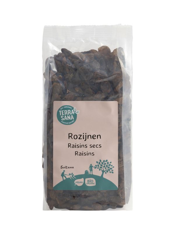 TerraSana RAW rozijnen sultana bio in 500g package, organic superfoods dried sultana raisins on a white background.