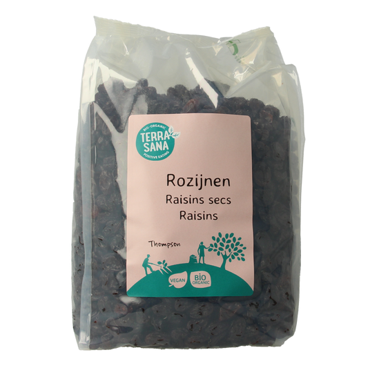 TerraSana RAW Rozijnen Blue Thompson bio in 1kg bag, organic raw superfood with dark blue grapes on the packaging.