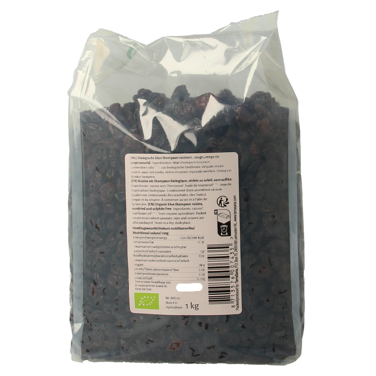 Organic TerraSana RAW Rozijnen Blue Thompson bio in a 1kg package, showcasing plump, blue Thompson raisins in a clear container.