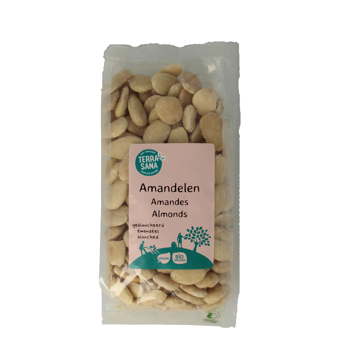 Raw organic almonds from TerraSana, 250 grams, displayed in a clear container, highlighting the natural, whole almond texture.