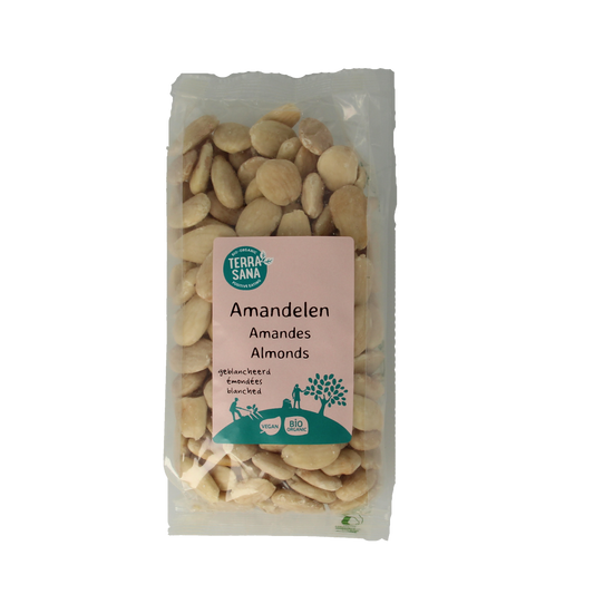 Raw organic almonds from TerraSana, 250 grams, displayed in a clear container, highlighting the natural, whole almond texture.