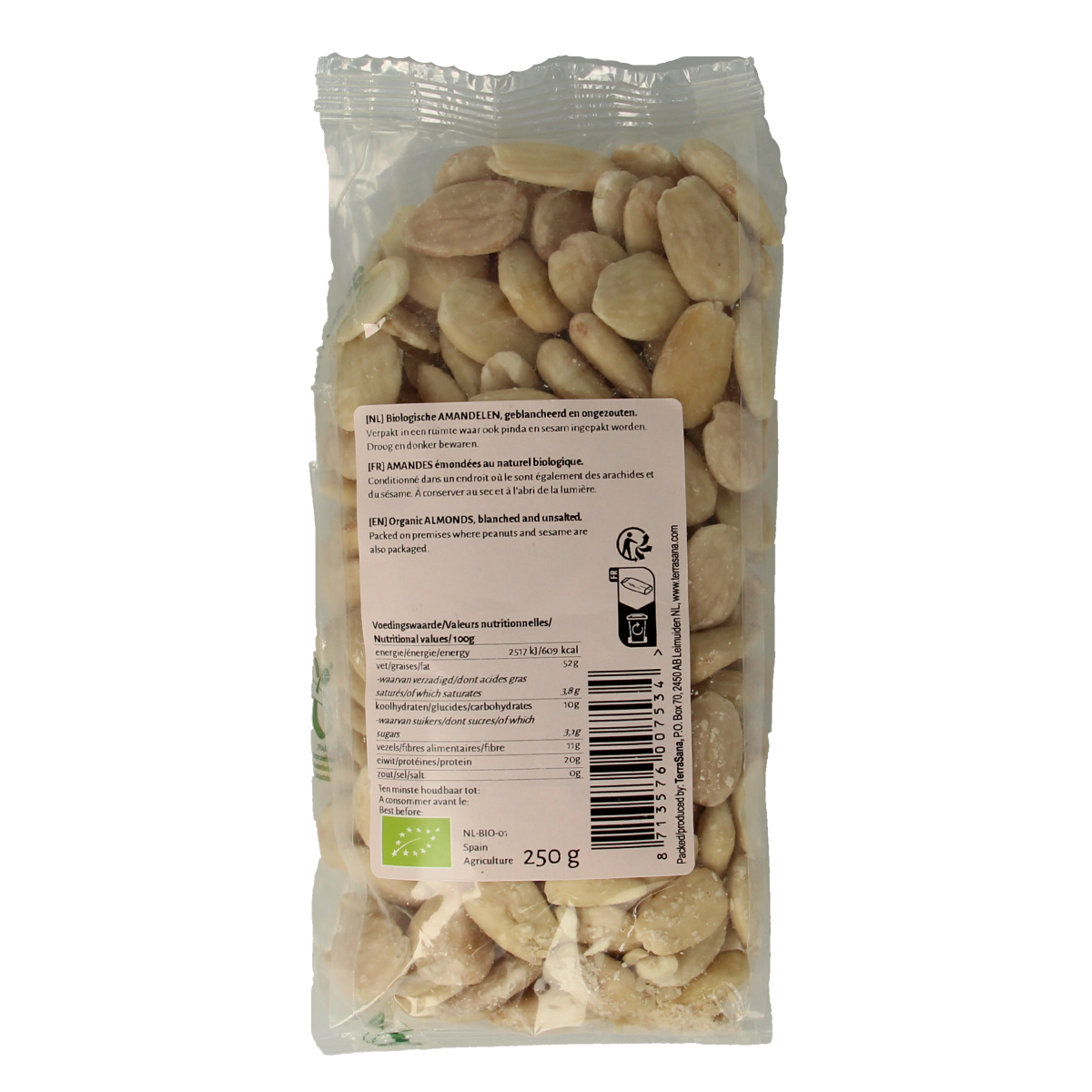 Raw organic almonds from TerraSana in a 250g package, showcasing light-colored almonds in a resealable bag.