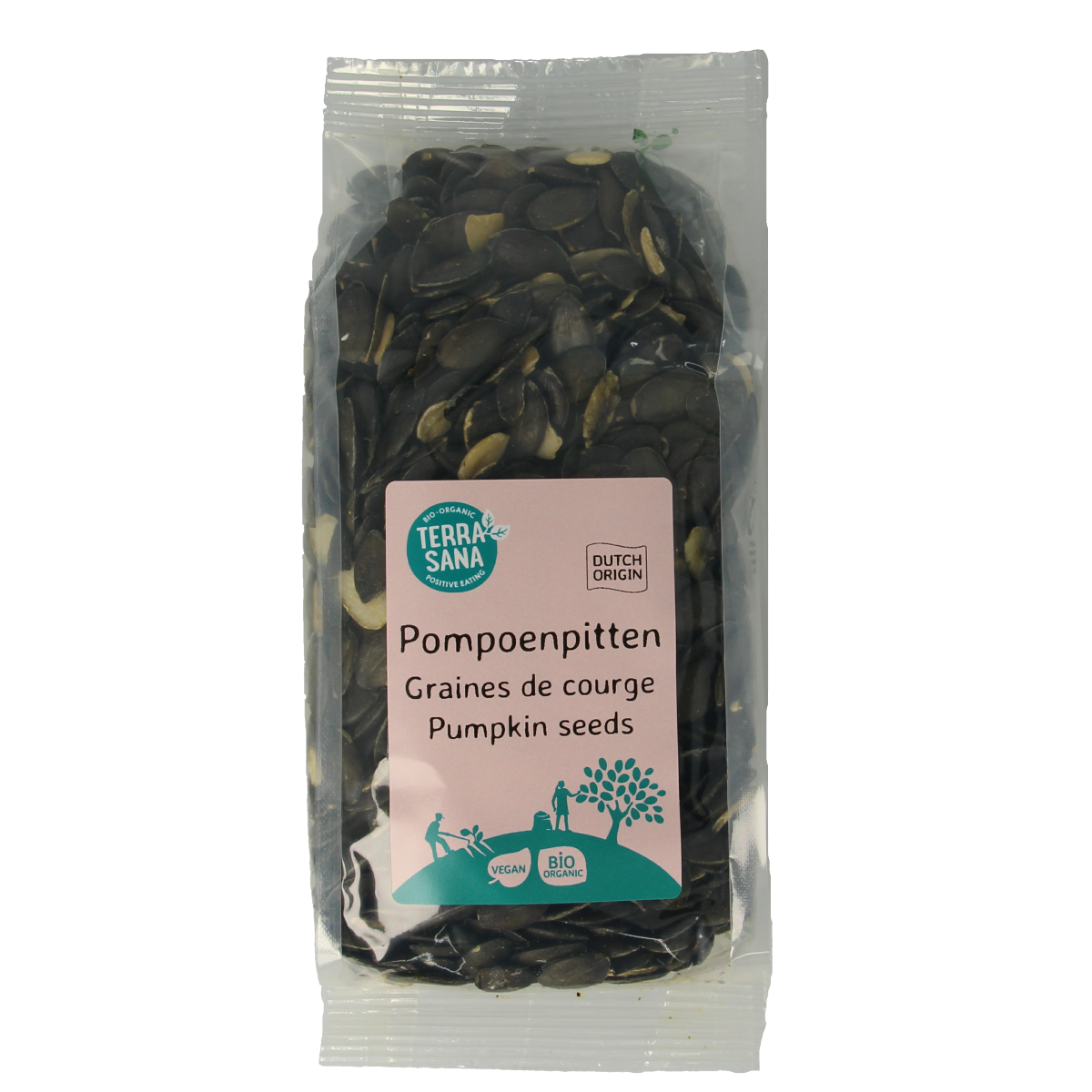 Organic TerraSana pumpkin seeds in a 250g package, raw superfood healthy snack or ingredient.