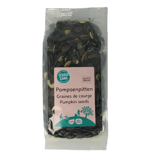 Organic TerraSana pumpkin seeds in a 250g package, raw superfood healthy snack or ingredient.