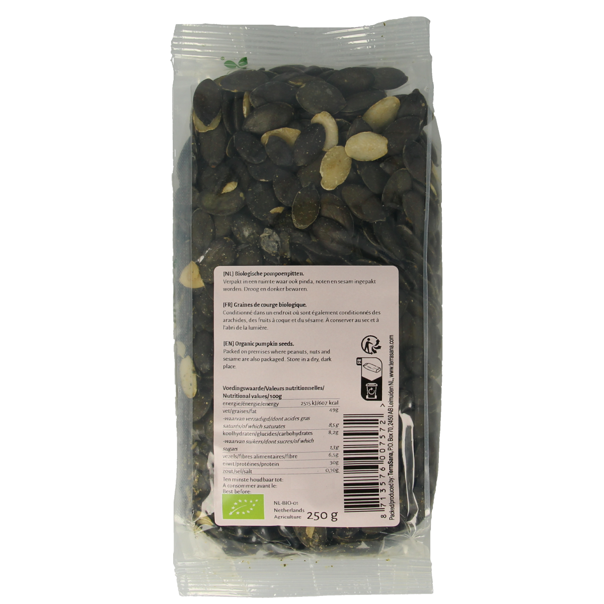 Organic TerraSana pumpkin seeds in a 250g package, raw superfood snack with green and beige seeds shown in the image.