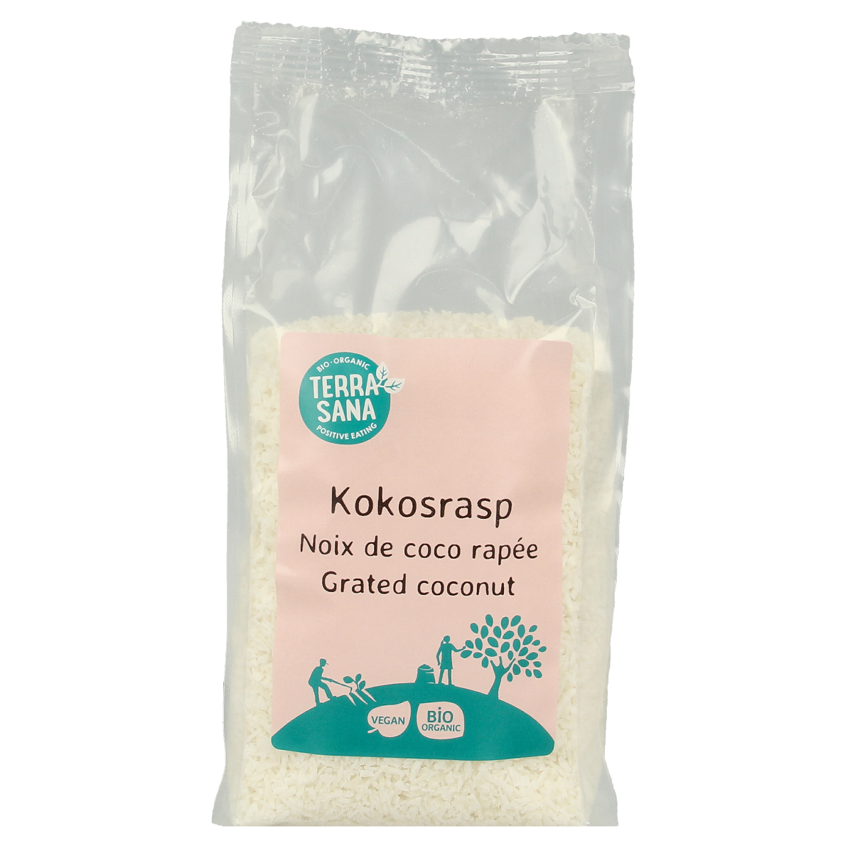TerraSana Kokosrasp bio, raw organic shredded coconut in 250g package, superfood product with shredded coconut visible in the image.