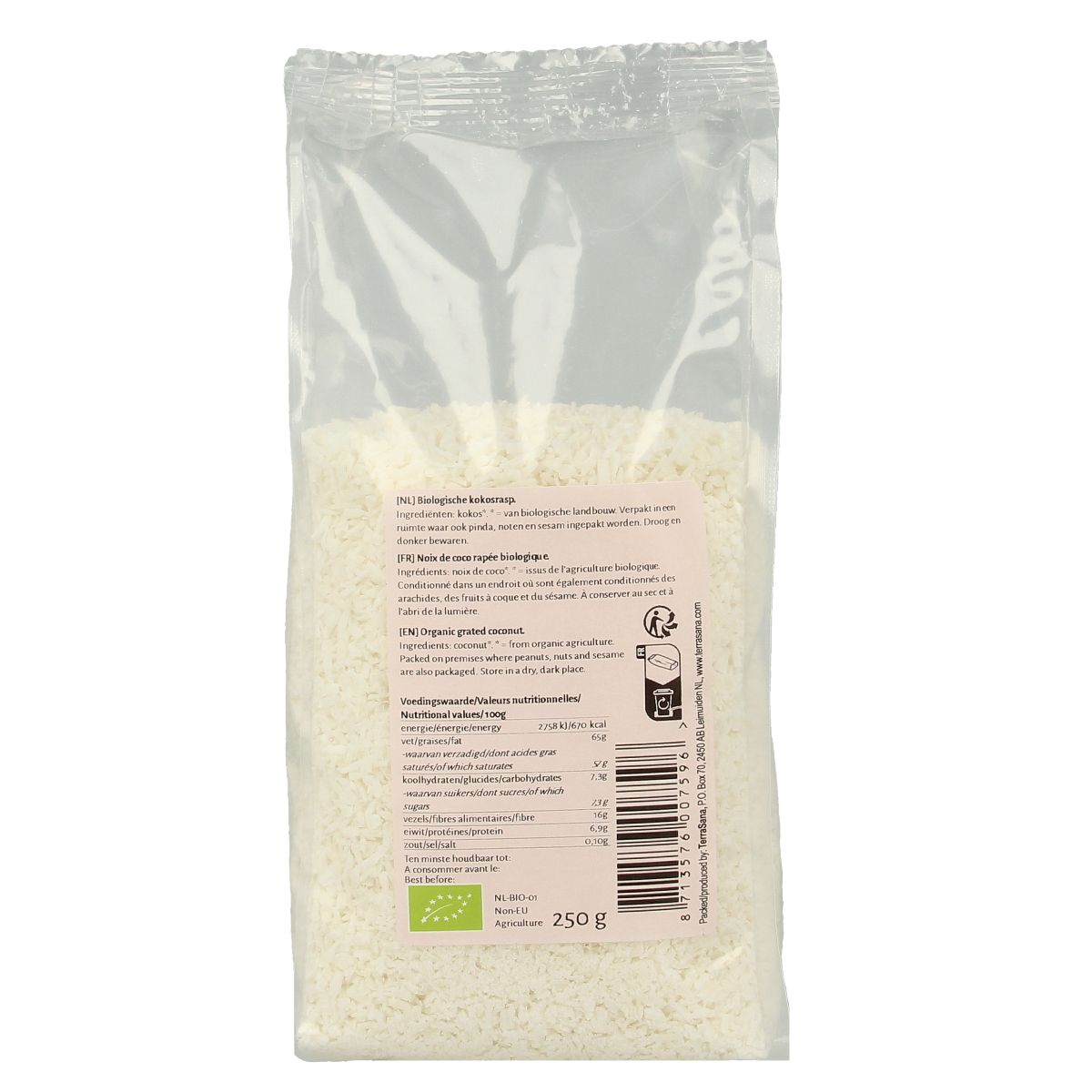 Organic TerraSana Kokosrasp raw superfood in a 250g package, showing shredded coconut flakes in a clear bag.
