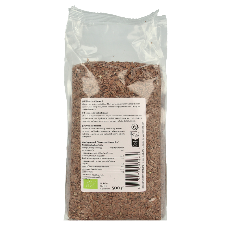 Organic TerraSana RAW lijnzaad heel in a 500g package, raw flaxseeds for superfood and healthy recipes.