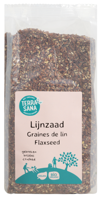 TerraSana RAW lijnzaad gebroken bio in 400g package, raw superfood with cracked flaxseeds in a clear bag.